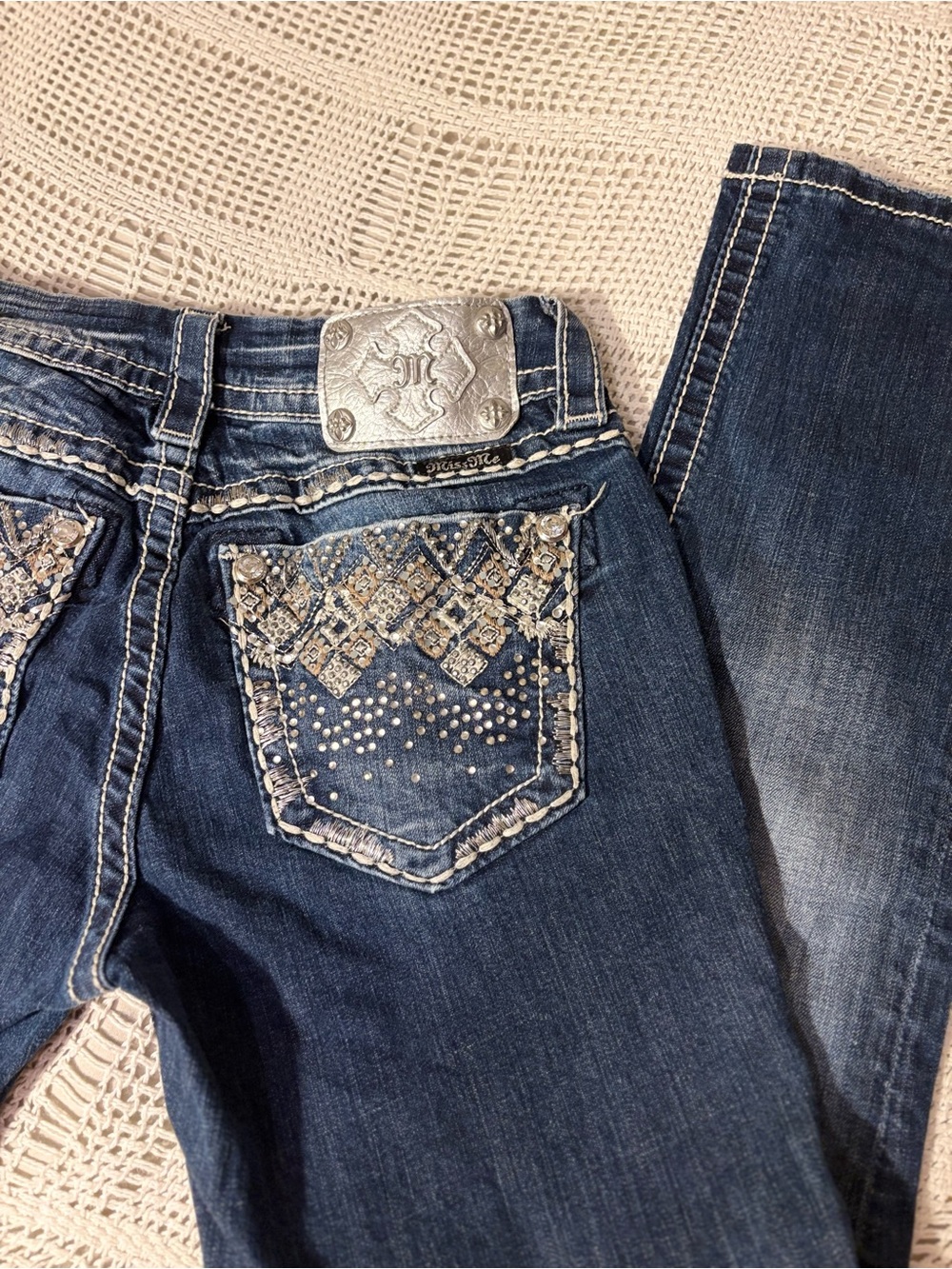 Miss Me Jeans: Embellished Dark Blue Women's Jeans with Studded Pocket